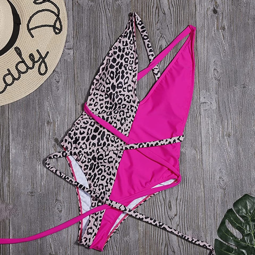NWOT SHEIN Leopard and Pink Criss Cross Plunging One Piece